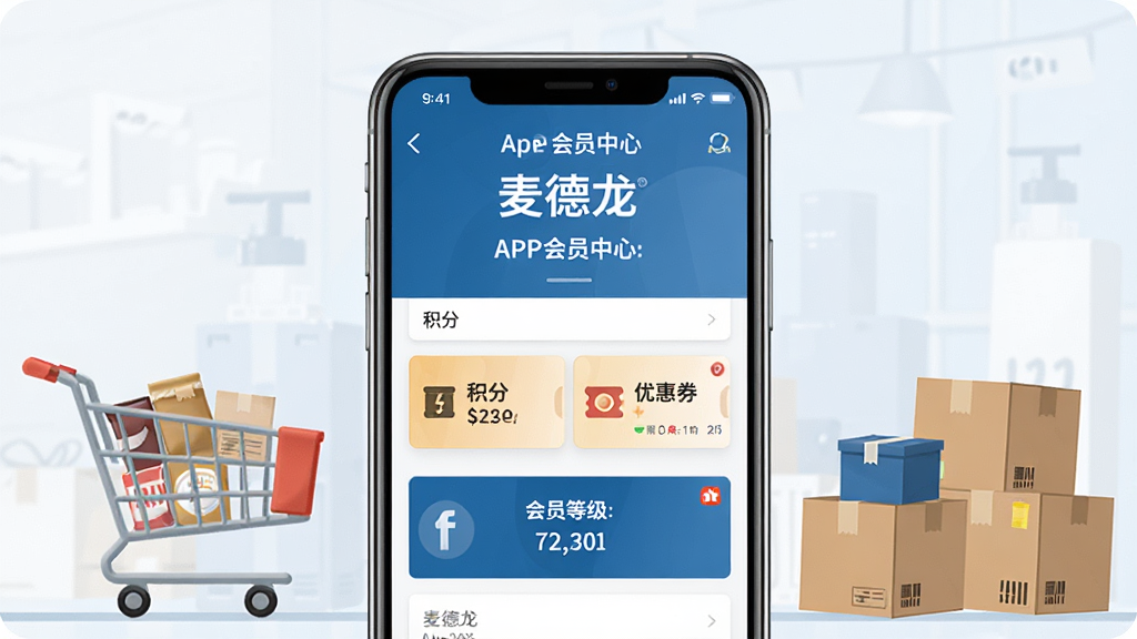 一张展示“麦德龙”APP会员中心界面的图片,屏幕中显示着积分、优惠券和会员等级信息,周围有购物车和商品包裹的插画元素,布局清晰,风格现代商务,画质高清,干净整洁
