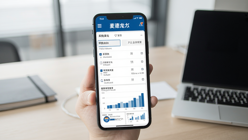 一张展示“麦德龙”APP企业采购界面的图片,屏幕中显示着采购清单和报表图表,背景是办公桌和笔记本电脑,风格简约商务,细节丰富,画质高清,画面干净无杂乱元素