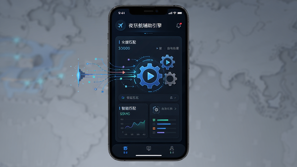 一张展示夜航火花助手智能辅助引擎功能的示意图,画面主体为手机屏幕中显示引擎运行状态面板,面板上有数据流动的线条和齿轮图标,布局为手机居中展示,风格为科技感深色系,细节上突出智能匹配与自动化处理的视觉效果,画质高清干净,无多余元素