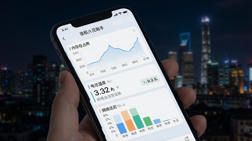 一张展示夜航火花助手实时状态监控界面的预览图,画面中手机屏幕显示多项数据指标图表,包括内存占用曲线、电池温度数值和网络延迟条形图,布局为手机正面展示,风格为清爽浅色系,细节上突出数据可视化元素,画质高清干净,无多余元素