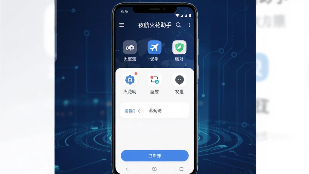 一张展示夜航火花助手手机应用主界面的预览图,画面中央是一部安卓手机,手机屏幕上显示夜航火花助手的应用界面,界面包含功能图标和操作按钮,背景为深蓝色渐变科技风格,整体布局简洁清晰,风格现代简约,细节上突出手机屏幕内的应用UI元素,画质高清干净,无多余元素