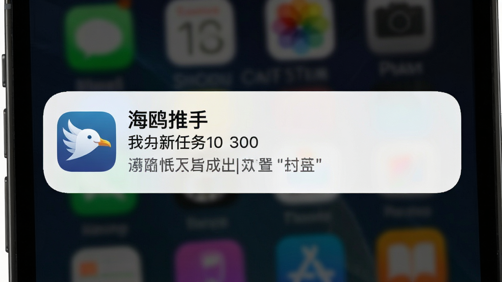 手机锁屏界面弹出“海鸥推手”通知横幅,显示新任务提醒内容,背景为深色锁屏壁纸,通知卡片为白色圆角设计,风格为现代移动端UI,细节有应用图标和消息摘要,画质高清,干净,无多余元素