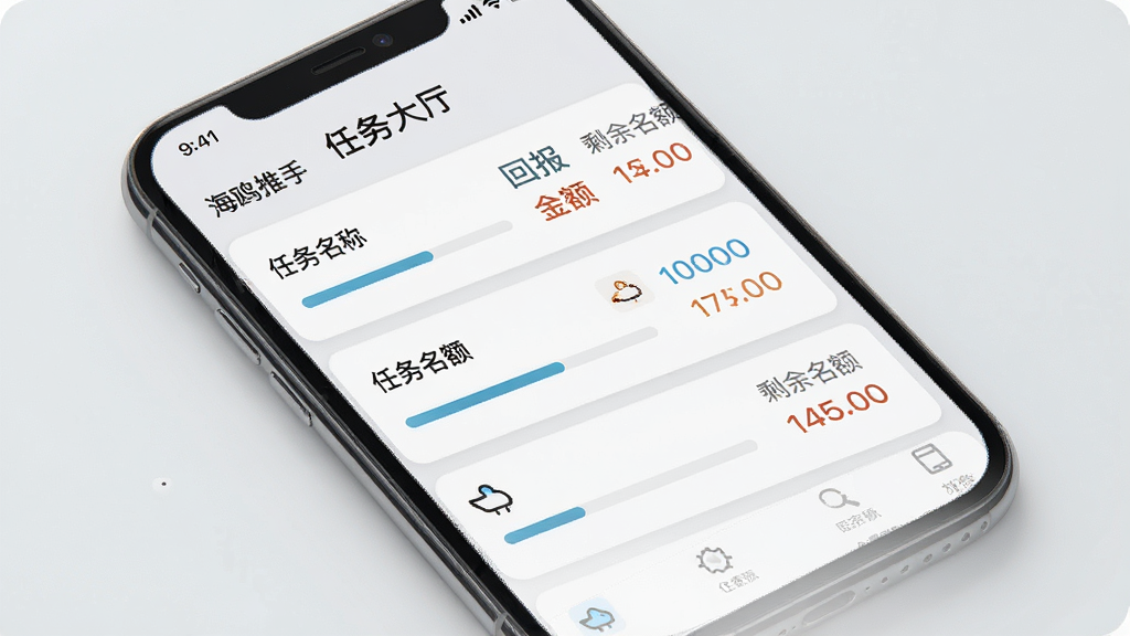 手机界面展示“海鸥推手”任务大厅页面,列表项包含任务名称、回报金额和剩余名额,背景为浅灰色,卡片式布局,风格清新简约,细节有进度条和小图标,画质高清,干净,无多余元素