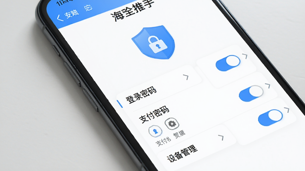 手机屏幕展示“海鸥推手”安全设置页面,包含登录密码、支付密码、设备管理等选项,背景为白色,图标为蓝色盾牌和锁形图案,风格为安全类应用UI,细节有开关按钮和箭头指示,画质高清,干净,无多余元素