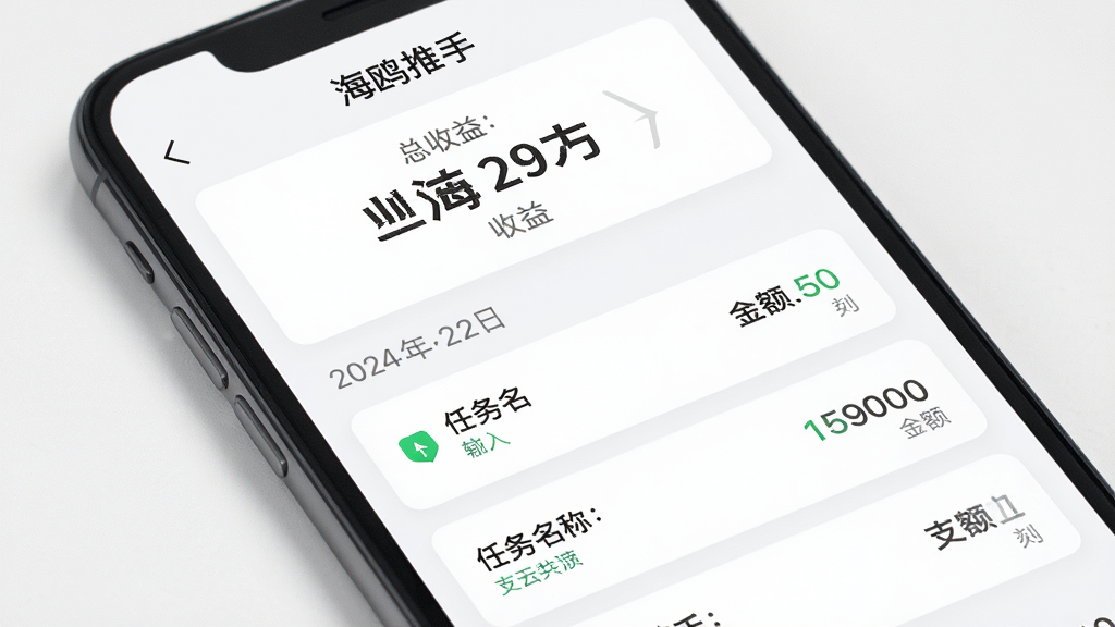 手机屏幕展示“海鸥推手”收益明细页面,顶部为总收益数字,下方为按日期排列的记录列表,每条记录包含任务名称和金额,风格为极简卡片风,细节有绿色收入标识和灰色支出标识,画质高清,干净,无多余元素