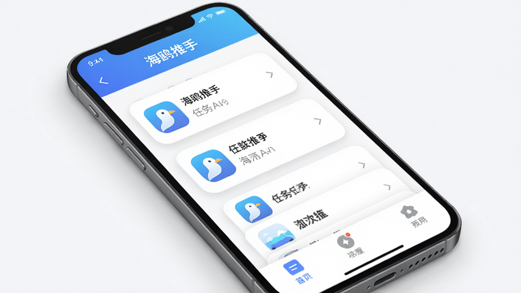 手机屏幕中展示“海鸥推手”应用主界面,顶部为蓝色渐变导航栏,中间为任务列表卡片,下方为底部菜单栏,整体布局简洁清晰,风格为现代扁平化UI设计,细节包括圆角图标、柔和阴影、白色背景,画质高清,干净,无多余元素