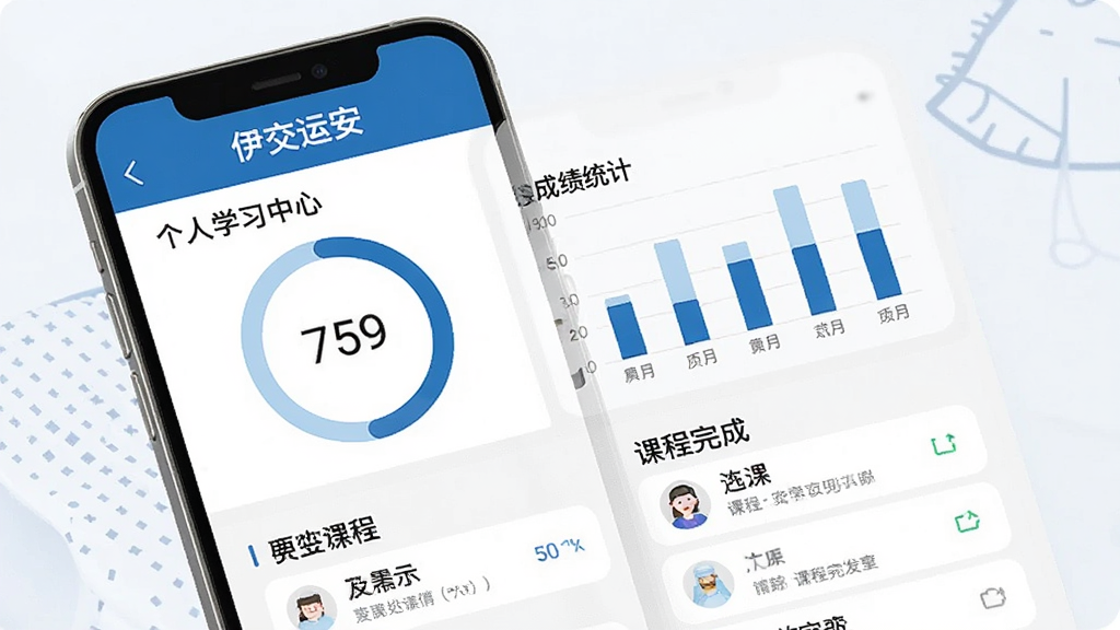 һ��չʾ�����˰�ѧϰ����׷�ٹ��ܵ�ͼƬ���������ֻ���Ļ��ʾ����ѧϰ����ҳ�棬����Բ�ν���ͼ����״�ɼ�ͳ�ƺͿγ�����б�����ɫ������Ϊ��������Լ�ִ��������������ɾ����䣬ҳ�涥���С������˰�����ʶ��