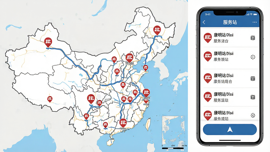 主体为一张中国公路地图,地图上标注多个康明斯服务站图标,旁边有手机界面显示服务站列表和导航按钮;布局为地图占左侧、手机界面占右侧;排版清晰有序;风格为扁平化信息图风格;细节包括地图路线、服务站图标高亮、手机屏幕文字清晰可辨;画质高清,画面干净整洁,无多余装饰元素
