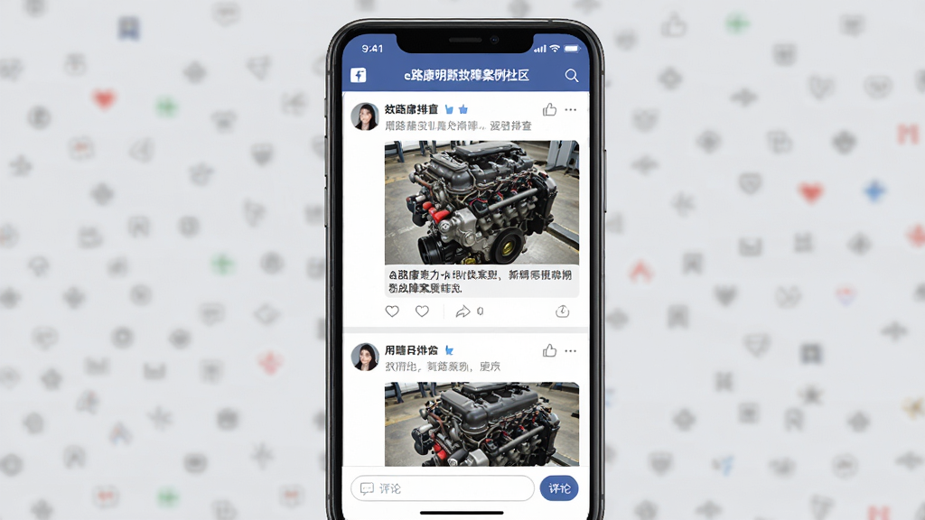 主体为手机屏幕显示e路康明斯故障案例社区页面,页面中有多个用户发布的故障排查帖子,配有发动机图片和文字说明;布局为手机居中,背景为浅灰色;排版突出帖子列表和互动按钮;风格为社交应用界面风格;细节包括头像、点赞图标、评论框等;画质高清,画面干净,无多余元素