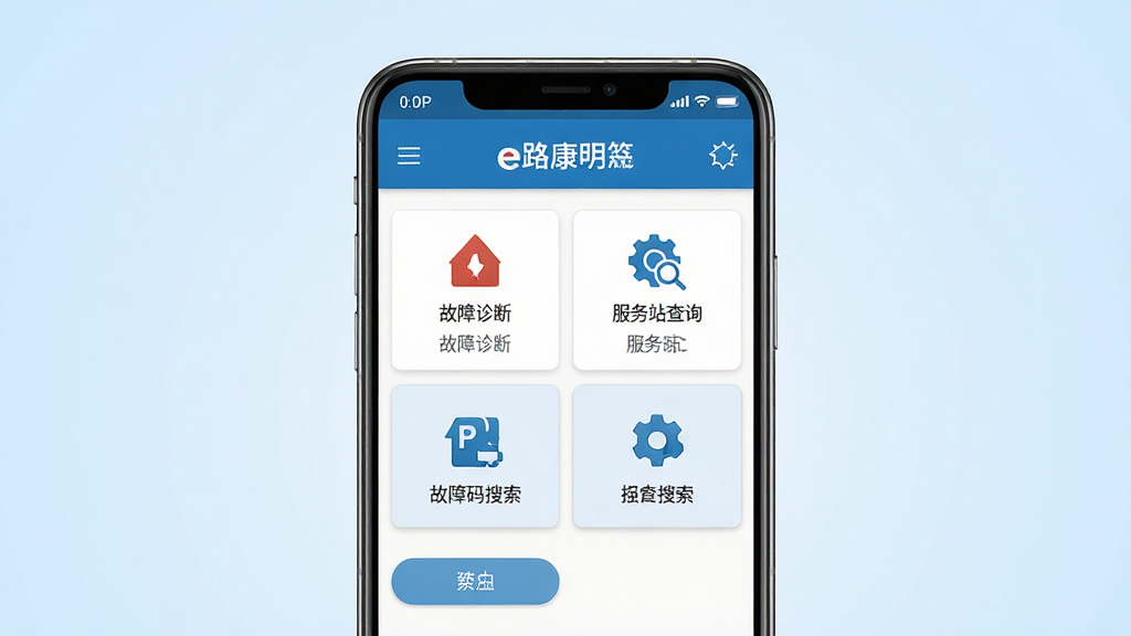 主体为一部安卓智能手机,屏幕上显示e路康明斯应用主界面,界面包含故障诊断、服务站查询、故障码搜索等模块;布局采用手机居中、背景为简洁的浅蓝色渐变;排版突出手机屏幕内容,四周留白干净;风格为现代科技感扁平化设计;细节包括手机边缘高光、界面按钮清晰、图标精致;画质为高清1080P,画面干净无多余元素