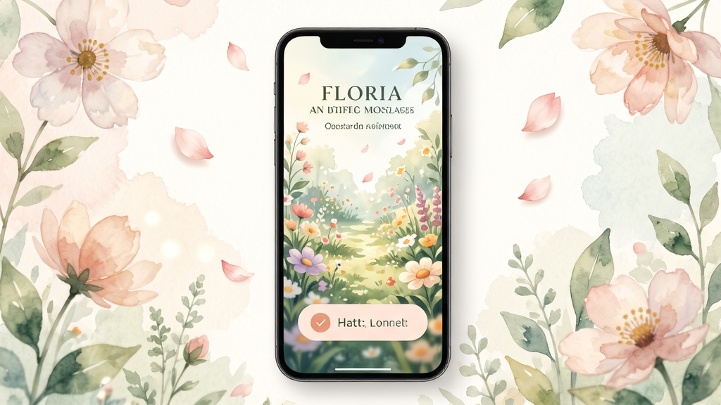 Floria情绪花园日记应用主界面展示,画面中央是一部智能手机,屏幕上显示柔和色调的花园场景和情绪打卡按钮。背景为淡雅的水彩风格花卉与绿植,整体布局简洁清新,风格温暖治愈,细节包括花瓣飘落、柔和光影,画质高清,干净无多余元素。