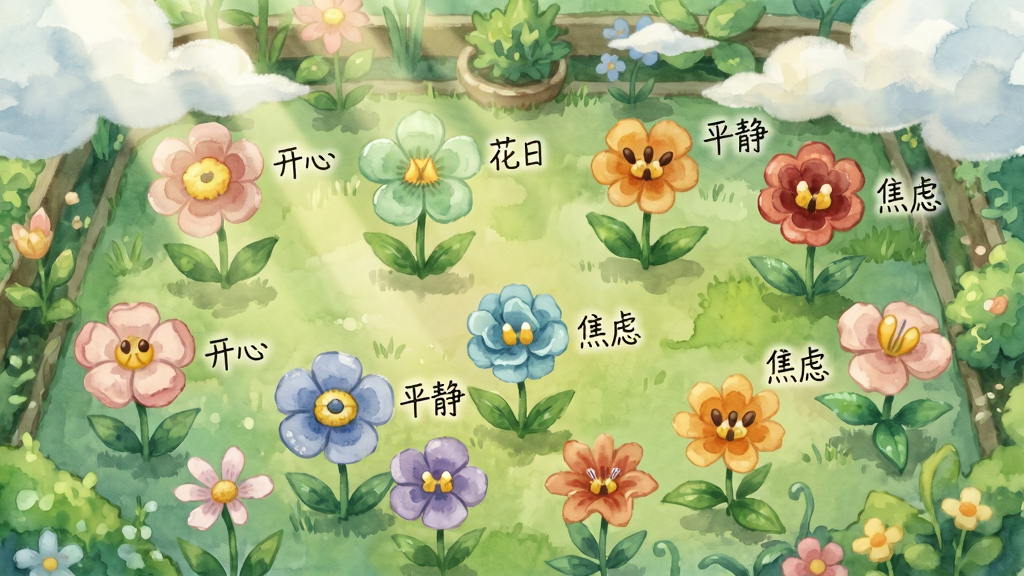 Floria情绪花园日记情绪花园养成功能展示,画面中一座虚拟花园里盛开着各种颜色的花朵,每朵花旁标注着不同的情绪标签如开心、平静、焦虑等。布局采用俯视视角,风格为清新水彩插画,细节包括阳光透过云层洒在花园中,画质细腻,干净无多余元素。