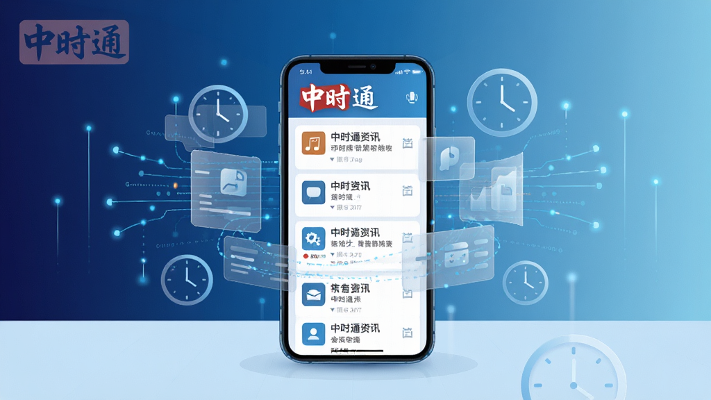 一幅以中时通为主题的AI生图,画面主体为一部智能手机放置于桌面,屏幕显示中时通资讯推送界面,周围环绕着抽象的数据流线条与时钟图标,布局采用中心构图,风格为扁平化科技感,细节包括蓝色光点、半透明卡片和简洁的图标元素,画质高清,干净,无多余元素,背景为深蓝到浅蓝的渐变,画面中文字标注“中时通”