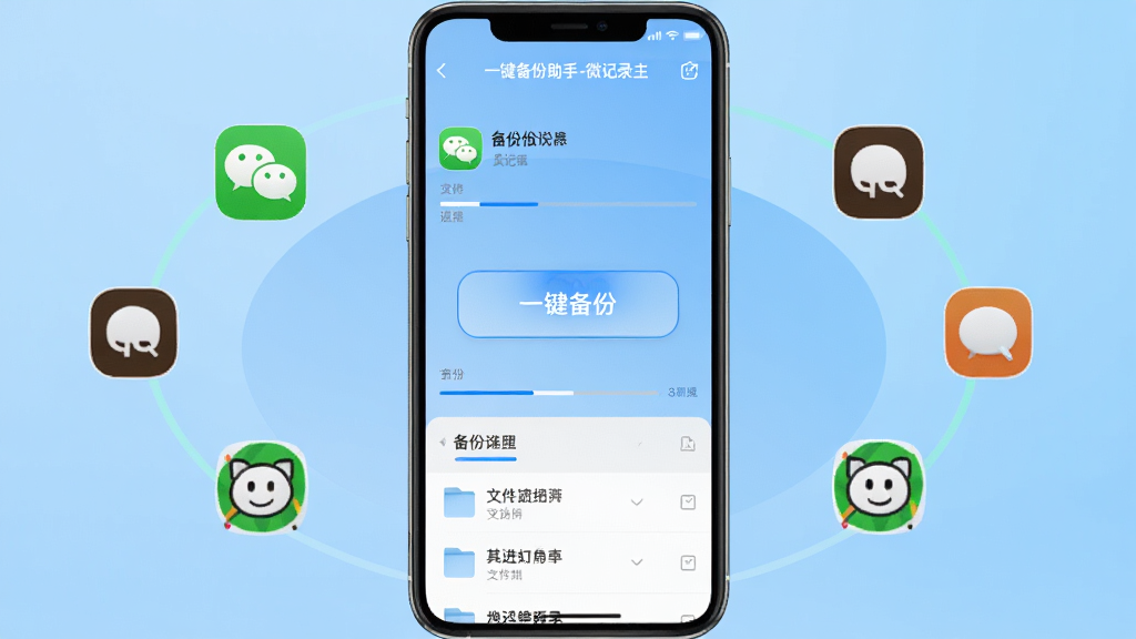一张手机屏幕展示聊天一键备份助手-微记录软件主界面,界面中央有醒目的