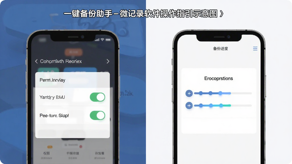 聊天一键备份助手-微记录软件操作指引示意图,画面为手机屏幕展示权限设置页面与备份进度界面,布局为左右对比展示,风格为扁平化教学风,细节包含权限开关图标与进度条,画质高清,干净无多余元素