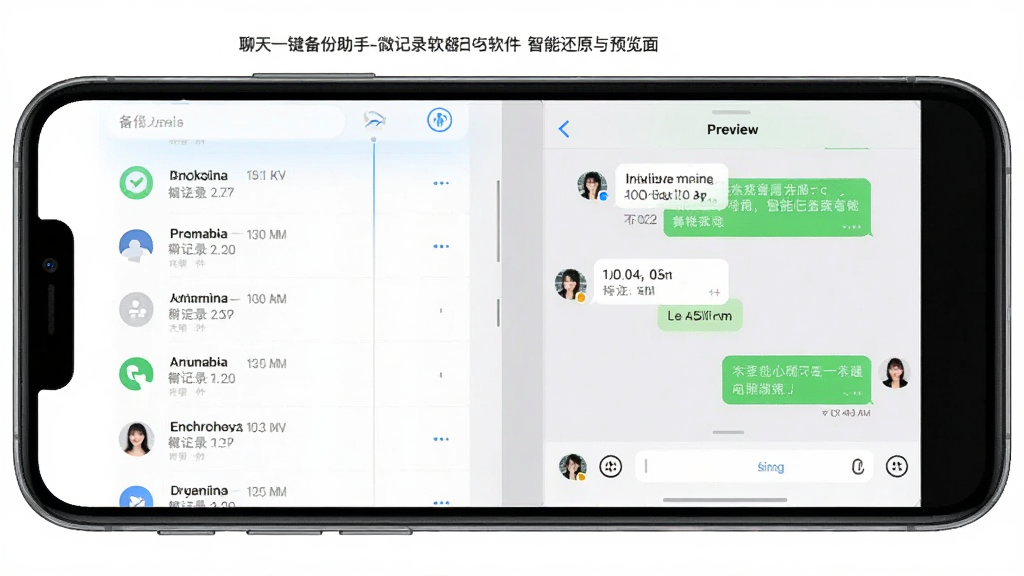 聊天一键备份助手-微记录软件智能还原与预览界面,手机屏幕展示备份文件列表与预览窗口,预览窗口内显示聊天对话气泡,布局为左右分栏,风格为清爽浅色,细节包含时间轴与联系人头像,画质高清,干净无多余元素