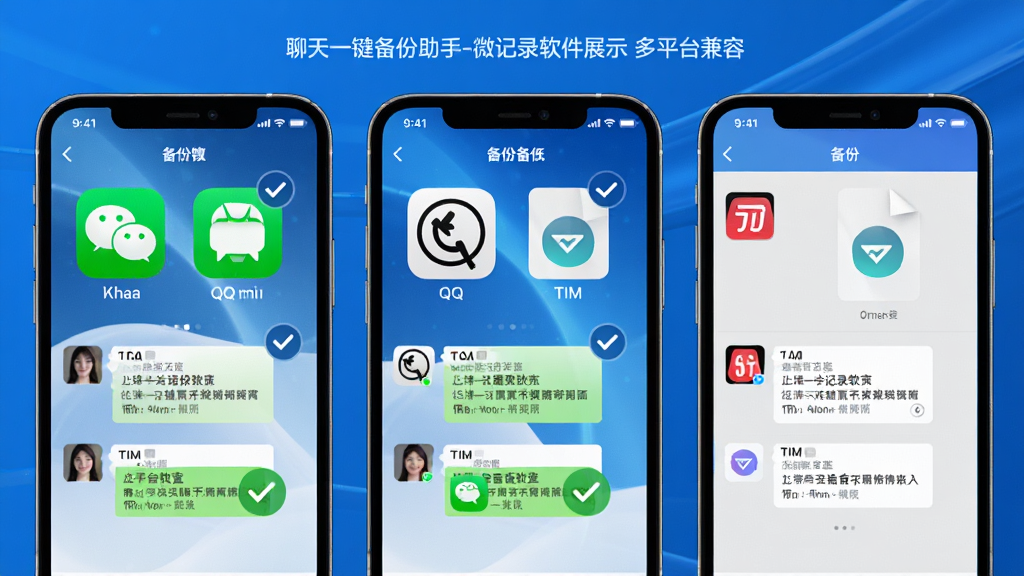 聊天一键备份助手-微记录软件展示多平台兼容特性,画面中手机屏幕同时显示微信、QQ、TIM的图标与对应聊天备份文件,布局为三列并排展示,风格为科技蓝调,细节包含各平台备份完成的对勾标记,画质高清,干净无多余元素