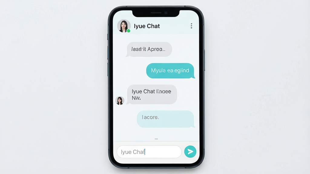 һ��չʾ Iyue Chat ��������ͼƬ������Ϊ�ֻ���Ļ��д����Ļ����ʾ Iyue Chat ��һ��һ���촰�ڣ�����Ϊ���½ṹ���Ϸ�����ϵ�����ƣ��м����������ݣ��·���������Ű��������򣬷��Ϊ���¼�Լ�磬ϸ�ڰ���ǳɫ������Բ������ݱ߿򡢼��ķ��Ͱ�ť�����ʸ��壬�ɾ����޶���Ԫ��