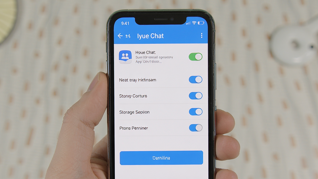 һ��չʾ Iyue Chat ���ֻ��ϰ�װ��Ȩ�����õ�ͼƬ������Ϊ�ֻ���Ļ��ʾӦ��Ȩ�޹������棬����Ϊ�б�ʽ���У��Ű����������Ϊ�̳�ָ���磬ϸ�ڰ���֪ͨȨ�޿��ء��洢Ȩ�޿��ء���ɫ������ť�����ʸ��壬�ɾ����޶���Ԫ��