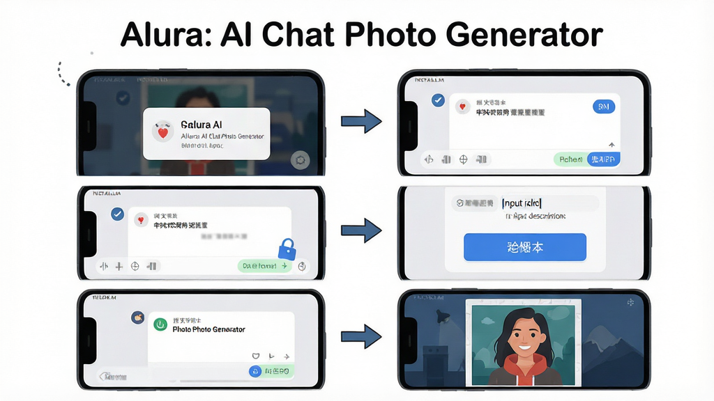 一张展示Alura: AI Chat Photo Generator新手操作步骤的预览图,主体为手机屏幕分屏显示安装、授权、输入描述、生成图片四个步骤,布局为从上到下四格排列,上方居中显示软件名称“Alura: AI Chat Photo Generator”,下方为四个操作步骤截图与箭头指引,排版清晰直观,风格为教程类扁平插画风,细节包括权限弹窗、聊天输入框、生成按钮与结果展示,画质高清,干净,无多余元素