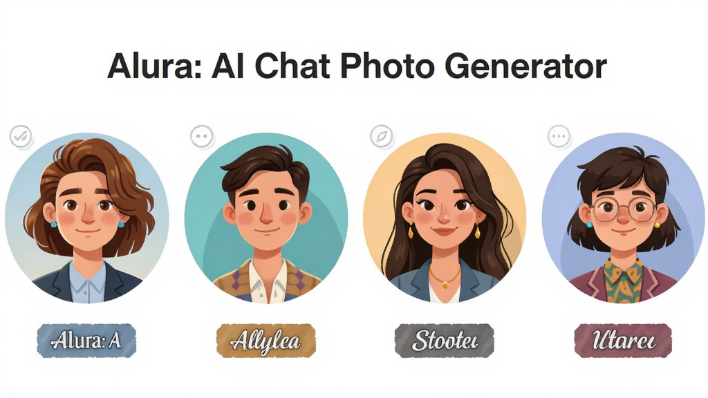 一张展示Alura: AI Chat Photo Generator多角色选择界面的预览图,主体为四个并排的圆形AI角色头像,布局为横向排列,上方居中显示文字“Alura: AI Chat Photo Generator”,下方为四个角色头像与风格标签,排版清晰整齐,风格为清新扁平化插画风,细节包括不同发型、服饰与表情的角色形象以及风格名称标签,画质高清,干净,无多余元素