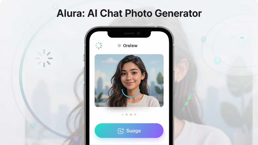 一张展示Alura: AI Chat Photo Generator实时预览与重绘功能的预览图,主体为手机屏幕内显示一张半成品图像与重绘按钮,布局为居中构图,上方显示软件名称“Alura: AI Chat Photo Generator”,下方为预览图与操作按钮,排版简洁明了,风格为现代科技感UI插画风,细节包括加载动画、重绘图标与色彩渐变,画质高清,干净,无多余元素
