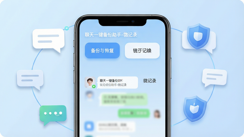 一张手机屏幕展示聊天备份软件界面的图片,画面中央是“聊天一键备份助手-微记录”软件主界面,顶部显示备份与恢复两个大按钮,背景为浅蓝色渐变,界面简洁干净,手机周围环绕着代表聊天记录的对话气泡图标和盾牌安全图标,布局采用居中构图,风格为扁平化科技感,细节包括清晰的图标阴影和柔和的圆角设计,画质高清,干净,无多余元素