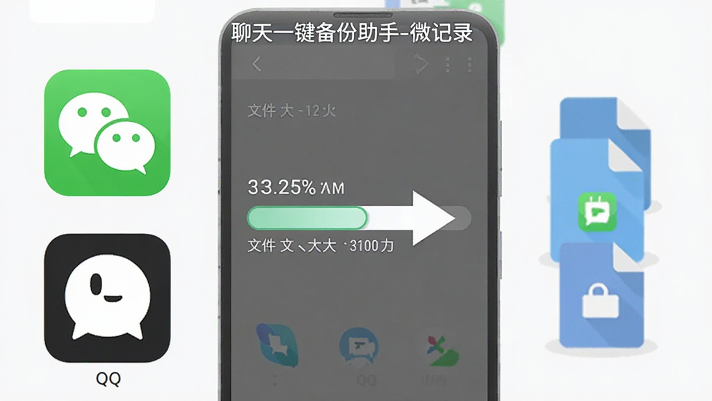 一部安卓手机屏幕显示“聊天一键备份助手-微记录”的备份进度条界面,画面左侧是微信和QQ的图标,右侧是正在生成的备份文件图标,中间用箭头连接表示数据流转,布局为左右对称式,风格为扁平化插画,细节包括进度条百分比数字和文件大小标注,画质清晰,干净,无多余元素