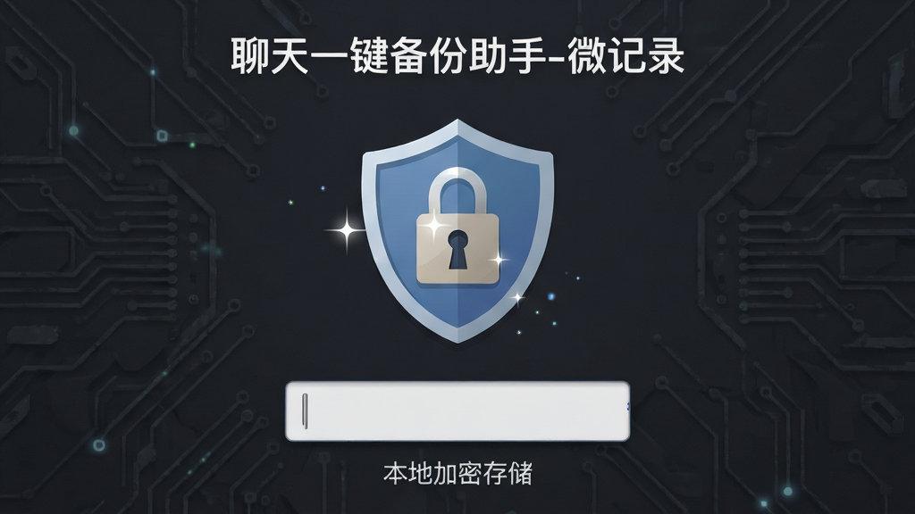一部手机屏幕显示“聊天一键备份助手-微记录”的密码设置界面,画面中央是一个盾牌形状的锁图标,锁下方有密码输入框和“本地加密存储”字样,背景为深灰色科技纹理,布局为居中对称,风格为安全防护主题的扁平化设计,细节包括锁孔的高光效果和输入框的微阴影,画质清晰,干净,无多余元素