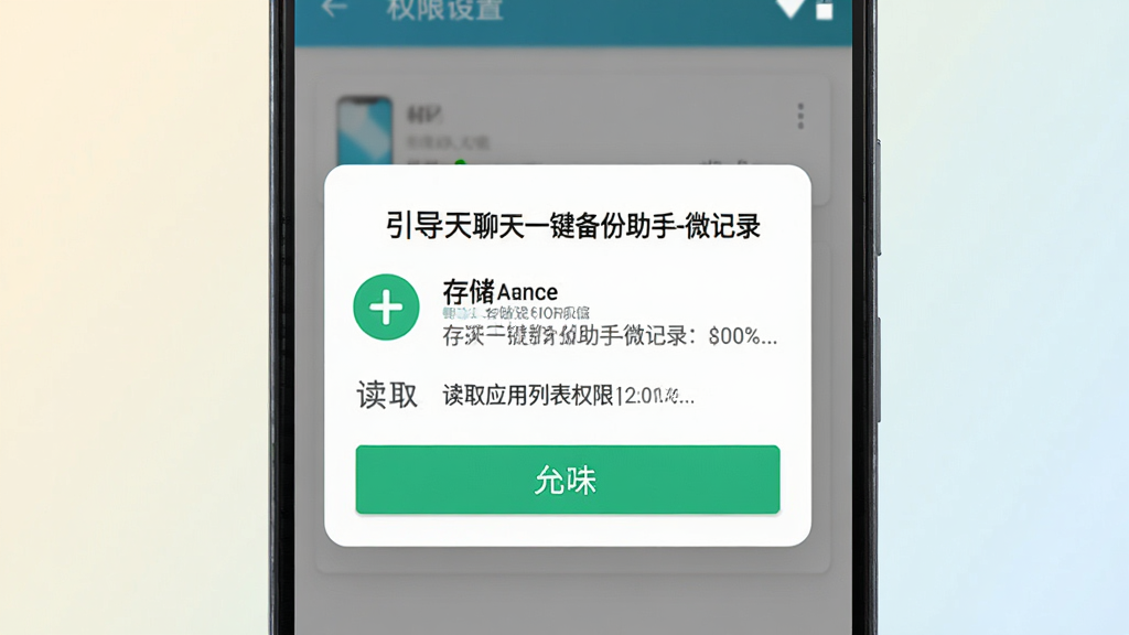 一部安卓手机屏幕显示“聊天一键备份助手-微记录”的权限设置引导页面,画面中手机界面弹出存储权限和读取应用列表权限的允许按钮,背景为浅色渐变,布局为居中弹窗样式,风格为简洁明快的扁平化设计,细节包括权限图标和说明文字,画质高清,干净,无多余元素