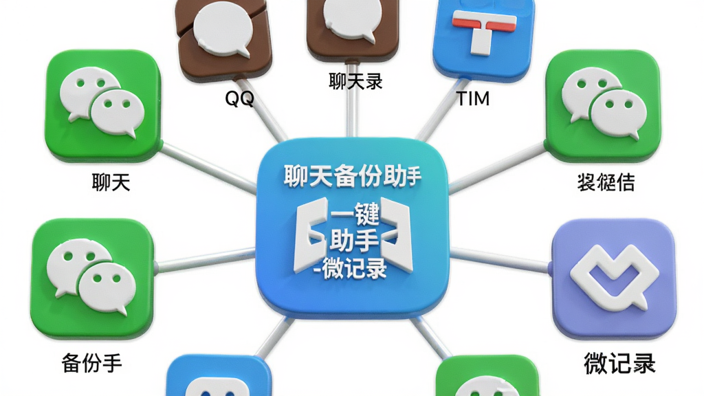 一张展示多款聊天应用图标环绕在“聊天一键备份助手-微记录”软件图标周围的图片,画面中央是软件主图标,四周分布着微信、QQ、TIM、企业微信等图标,布局为环形放射状,风格为立体质感图标设计,细节包括每个图标下方的名称标签和连接线,画质高清,干净,无多余元素