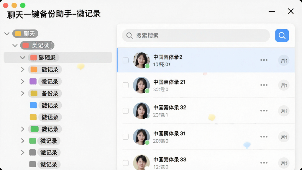 一张展示“聊天一键备份助手-微记录”备份文件管理界面的图片,画面中左侧是分类目录树,右侧是聊天记录列表,列表中有搜索框和联系人头像,布局为左右分栏式,风格为清爽的卡片式UI设计,细节包括分类标签的颜色区分和搜索框的放大镜图标,画质高清,干净,无多余元素