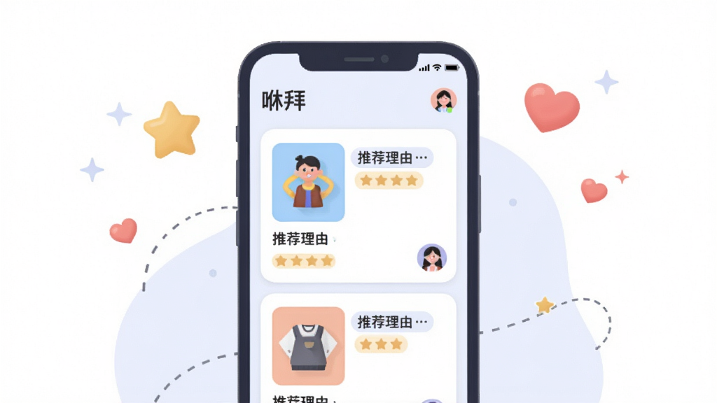 一张展示个性化推荐功能的手机应用界面插画,画面主体是手机屏幕显示推荐商品卡片,布局为手机居中,周围有星星和爱心图标,风格为柔和圆角扁平风,细节包括商品图片、推荐理由标签、用户头像,画质清晰,干净,无多余元素,图片中文字为