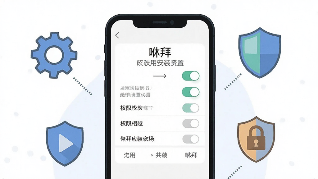 一张手机应用安装步骤示意图,画面主体是手机屏幕显示安装权限设置界面,布局为手机居中,周围有齿轮和盾牌图标,风格为简洁扁平插画,细节包括开关按钮、权限列表、提示文字,画质清晰,干净,无多余元素,图片中文字为