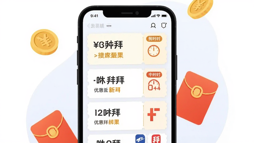 一张展示优惠券聚合界面的手机应用插画,画面主体是手机屏幕显示多张优惠券和折扣标签,布局为手机居中,周围有金币和红包图标点缀,风格为清新扁平风,细节包括不同面额的优惠券、倒计时标签、平台图标,画质清晰,干净,无多余元素,图片中文字为