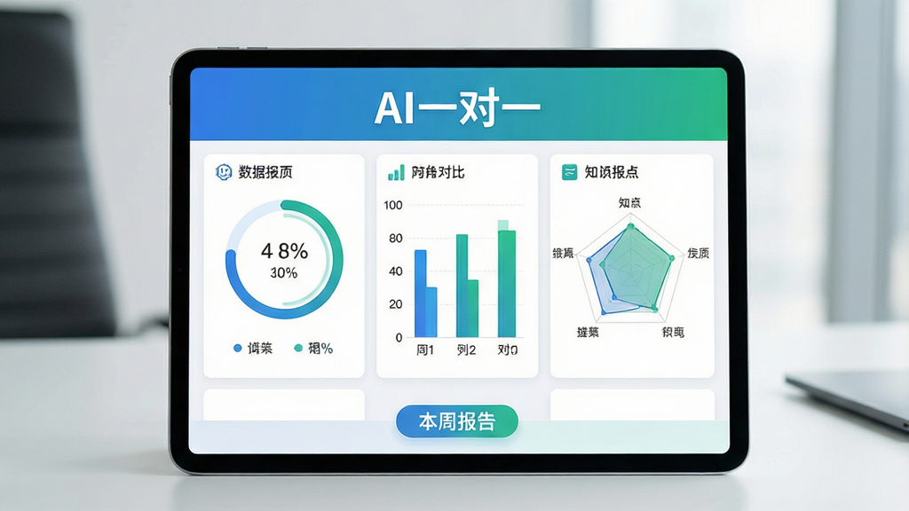 AI一对一学习报告数据图,画面展示平板电脑屏幕上的数据看板,包含环形进度图、柱状对比图和知识点雷达图,界面顶部有“AI一对一”文字,底部有“本周报告”标签,布局为网格化信息排版,风格为数据可视化商务风,细节包括蓝绿配色、清晰数字标注、简洁图标,画质高清,干净,无多余元素