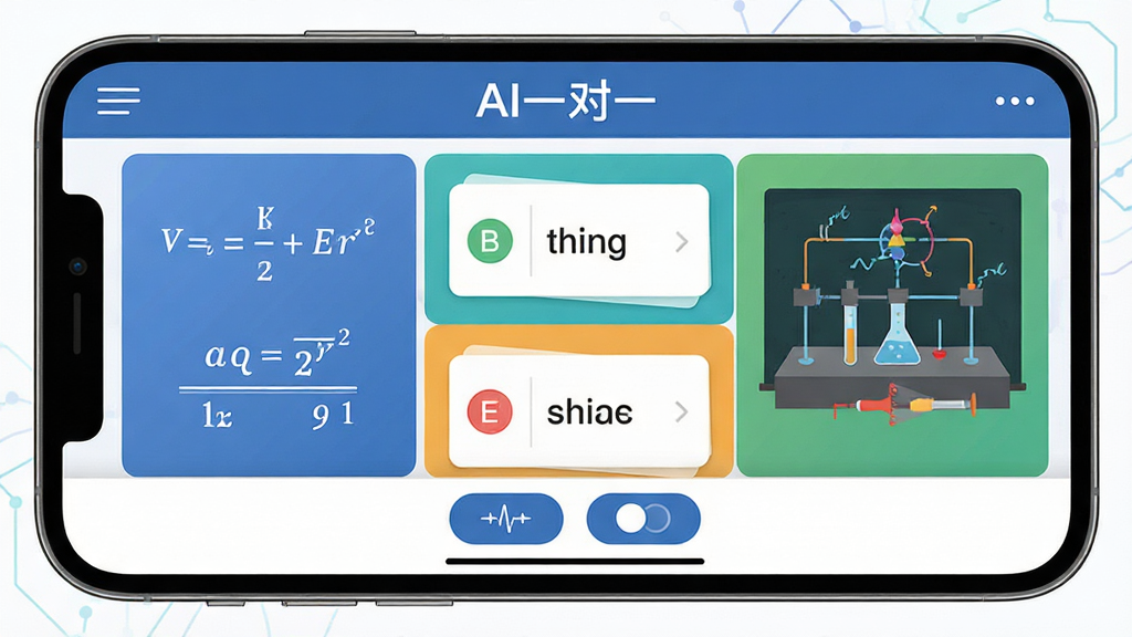 AI一对多学科学习界面图,画面展示一部手机横屏放置,屏幕上同时呈现数学公式、英语单词卡片和物理实验示意图,界面顶部有“AI一对一”软件名称,中部为分屏布局的学科模块,底部有切换按钮,风格为扁平化教育科技风,细节包括色彩分区明确、图标精致、文字清晰,画质高清,干净,无多余元素