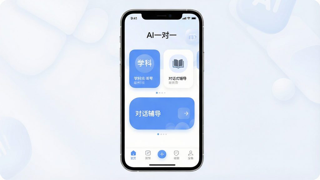 AI一对一软件主界面预览图,画面中央展示一部智能手机,手机屏幕上显示AI一对一应用首页,界面顶部有软件名称“AI一对一”字样,中部有学科选择卡片和对话式辅导入口,底部有导航栏,整体布局清晰,排版工整,风格为现代简约科技风,细节包括柔和的蓝白配色、圆角图标、清晰文字,画质高清,干净,无多余元素