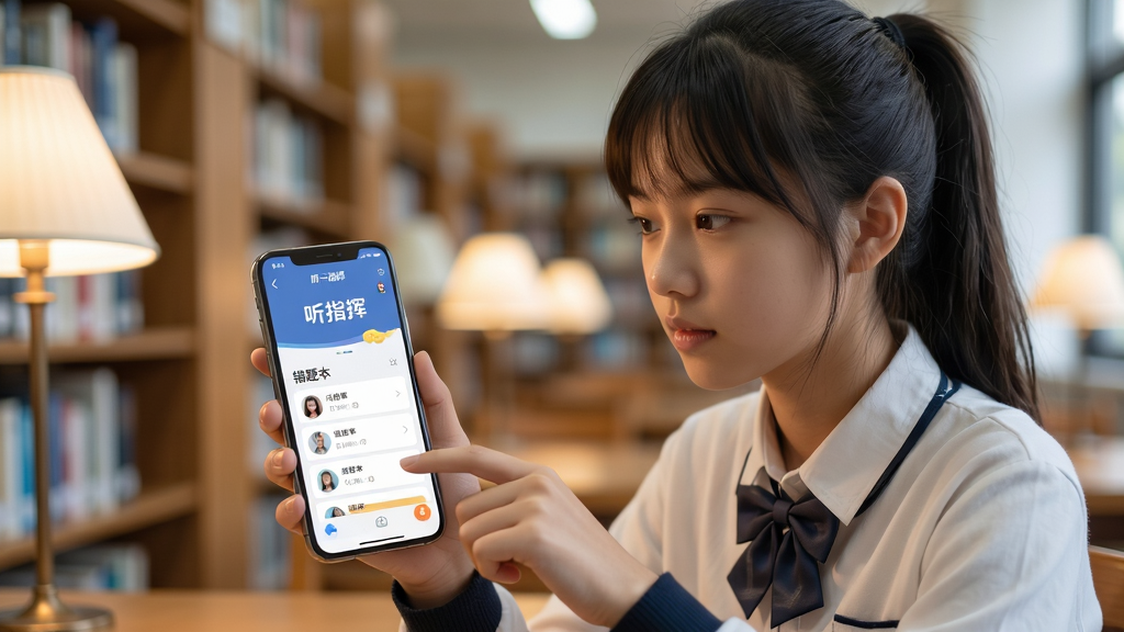 AI一对一移动端使用场景图,画面展示一名学生手持手机在图书馆使用AI一对一应用,手机屏幕显示“听指挥”互动界面和错题本列表,周围有书架和柔和灯光,布局为人物半身构图,风格为写实生活摄影风,细节包括专注表情、屏幕清晰文字、整洁环境,画质高清,干净,无多余元素