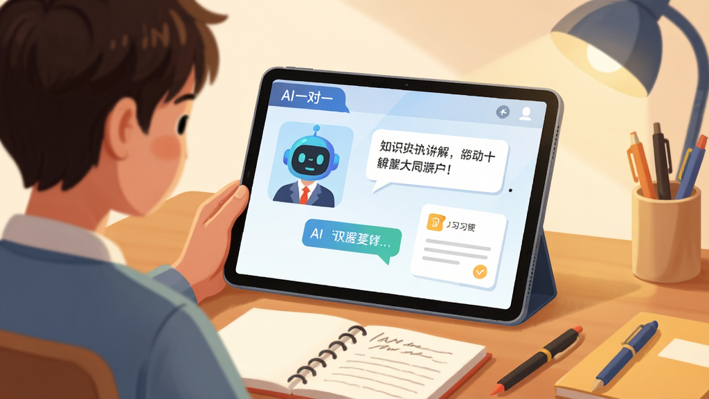 AI一对一智能辅导场景图,画面主体为一名学生坐在书桌前使用平板电脑,平板屏幕上显示AI一对一对话界面,AI教师头像旁有知识点讲解气泡和习题卡片,书桌上摆放着笔记本和文具,布局为居中构图,风格为温暖学习氛围插画,细节包括屏幕上的“AI一对一”文字标识、柔和光线、整洁桌面,画质高清,干净,无多余元素