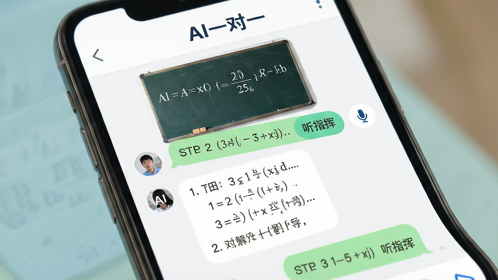 AI一对一实时答疑互动图,画面展示手机屏幕上的聊天式对话界面,用户发送一道数学题照片,AI回复分步骤的解题引导文字,界面顶部有“AI一对一”标识,对话框中包含“听指挥”按钮和语音输入图标,布局为上下结构,风格为清爽聊天界面风,细节包括气泡对话框、步骤编号、柔和背景色,画质高清,干净,无多余元素