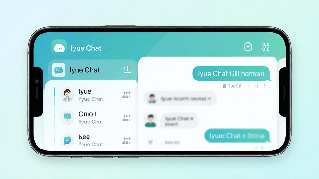 һ��չʾIyue ChatӦ����������ֻ���ͼ������������һ���ִ������ֻ�����Ļ����ʾ�����б��ͶԻ�����ɫ��Ϊ���µ�����ɫ��������ɾ���Ӧ��ͼ�������