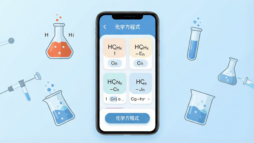一张展示化学方程式手机应用界面的场景图,画面中央是一部竖屏智能手机,屏幕上清晰展示着化学方程式应用的主界面,界面内有序排列着化学式卡片与配平练习入口,手机周围漂浮着硫酸铜溶液、试管、烧杯等简洁的化学实验器材插图,背景为浅蓝色渐变,整体布局采用居中对称排版,风格为清新扁平化科技风,细节上强调界面按钮的圆润感与文字标签“化学方程式”的清晰可读,画质高清,干净无多余元素