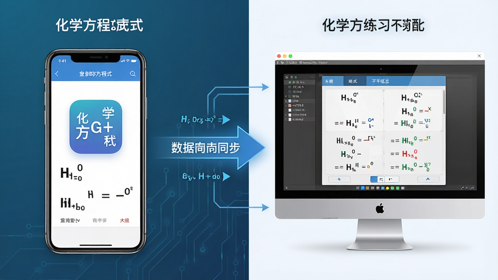 一张展示化学方程式应用在手机与电脑模拟器上同时运行的对比图,画面左侧为竖屏手机显示查询界面,右侧为电脑模拟器窗口显示配平练习,中间有数据同步的箭头示意,布局采用左右对比排版,风格为简洁科技风,细节上突出“化学方程式”应用图标与不同设备的适配效果,画质清晰,干净无多余元素