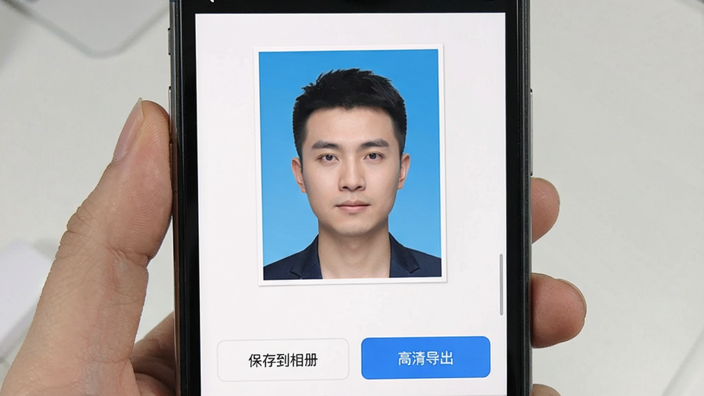 一张手机展示简历证件照软件导出界面的图片,屏幕上显示一张蓝底一寸证件照成品,下方有“保存到相册”和“高清导出”按钮,界面简洁清晰,风格实用,画质干净