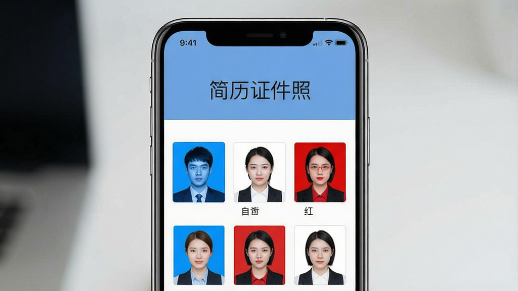 一张手机屏幕展示简历证件照软件界面的图片,画面中央是软件主界面,上方显示软件名称“简历证件照”,下方排列着蓝底、白底、红底等不同底色的证件照缩略图,界面干净简洁,整体风格清新专业,画质清晰,无多余元素