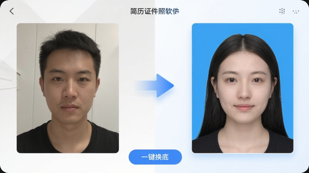 展示简历证件照软件的智能背景替换功能,画面左侧是一张原始生活照,右侧是同一张照片经过背景替换后的蓝底证件照效果,中间用箭头连接,界面显示“一键换底”按钮,风格简洁科技感,画质清晰干净