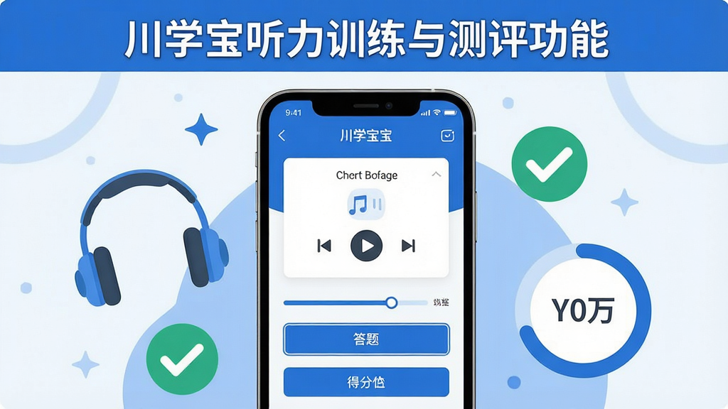 一张展示川学宝听力训练与测评功能的预览图,画面为手机屏幕居中,屏幕中显示听力播放界面与答题选项,周围环绕耳机、对勾图标、分数圆环等元素,布局为上下结构,上方标题下方功能展示,风格为现代教育类扁平插画,细节包括蓝色主色调、清晰的答题卡样式、进度条与得分标识,画质高清,画面干净整洁