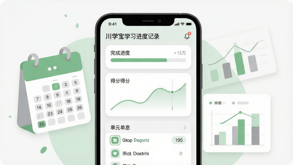 一张展示川学宝学习进度记录页面的预览图,画面主体为手机屏幕,屏幕中显示学习数据面板,包含完成进度条、得分曲线和单元列表,手机旁边有日历和图表元素,布局为居中展示,风格为清新简约的数据可视化插画,细节包括柔和的绿色与灰色搭配、清晰的数字标注、圆角卡片式布局,画质高清,画面干净无多余元素