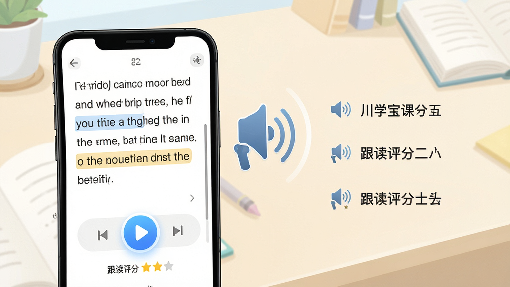 一张展示川学宝课文点读功能的界面预览图,画面主体为手机屏幕特写,屏幕中显示英语课文段落与播放控制按钮,旁边有扬声器图标和声波纹理,背景为浅色书桌场景,布局为左侧手机右侧功能标注,风格为简约科技插画,细节包括高亮的播放按钮、逐句高亮条、跟读评分星级,画质高清,画面干净无杂乱元素
